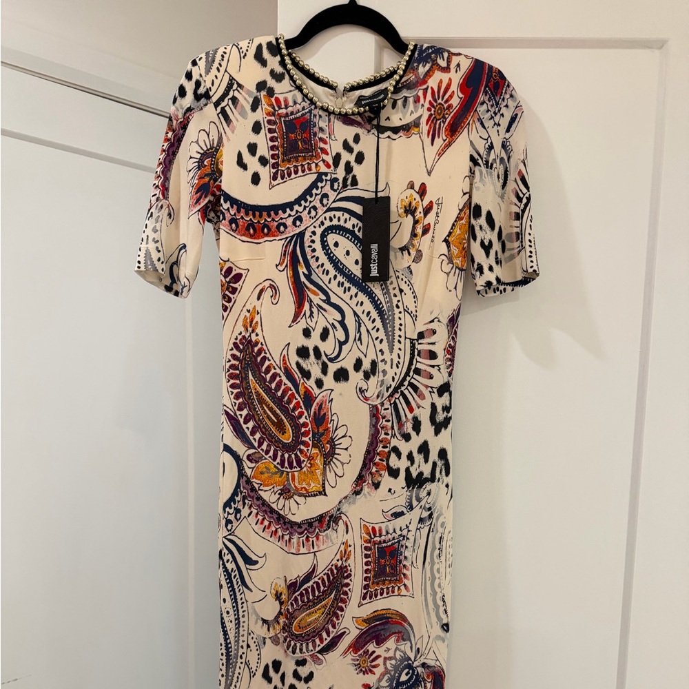 Just Cavalli Cream Paisley-Print Short-Sleeve Midi Dress